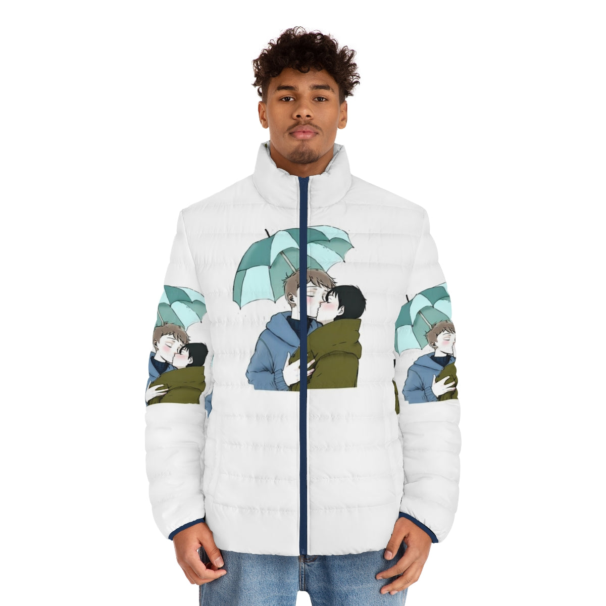 Heartstopper inspired puffer jacket with leaves design - men front