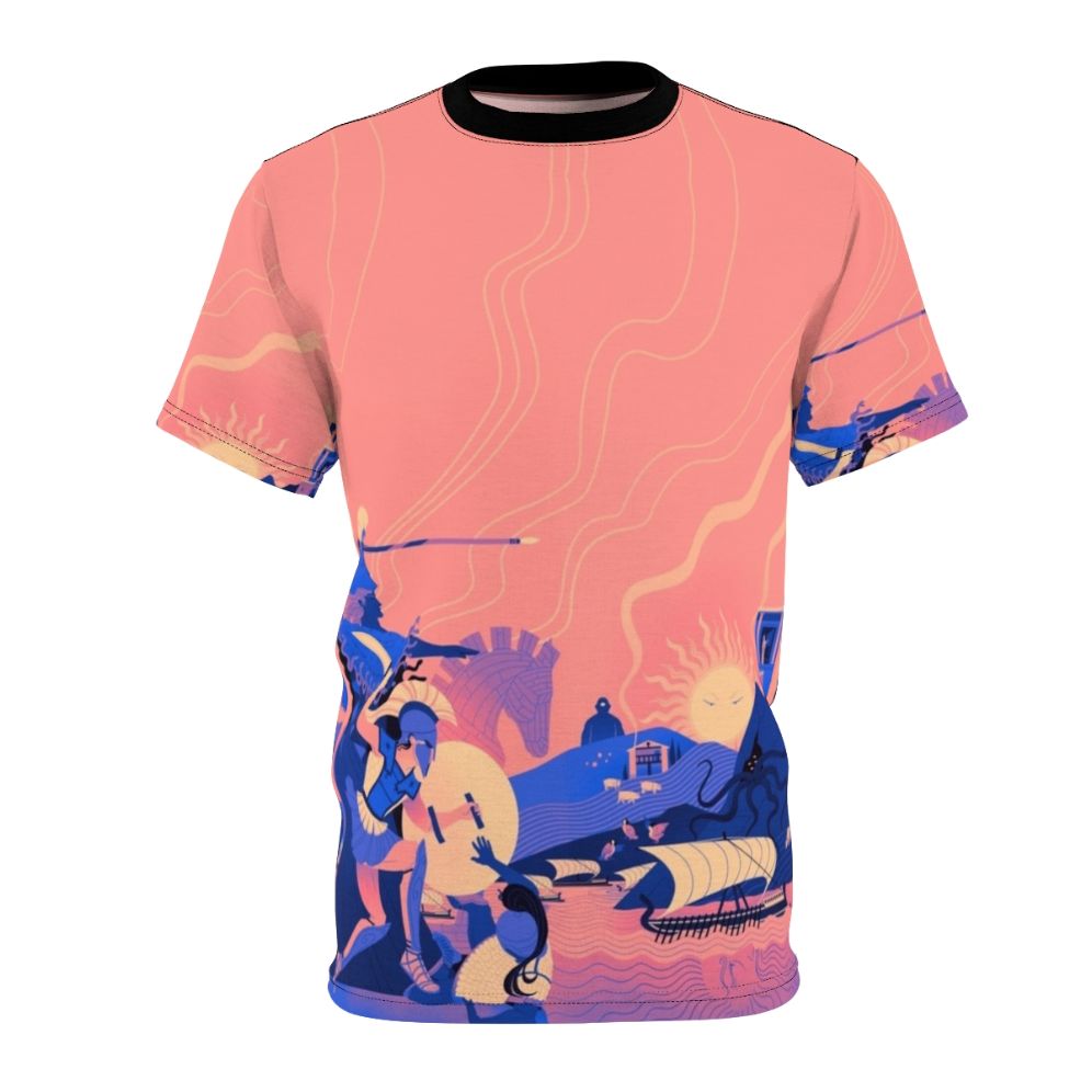 A vibrant t-shirt featuring a Homeric landscape design with elements from the Iliad and Odyssey, including Achilles, Patroclus, Minerva, Hector, Odysseus, Penelope, and more.