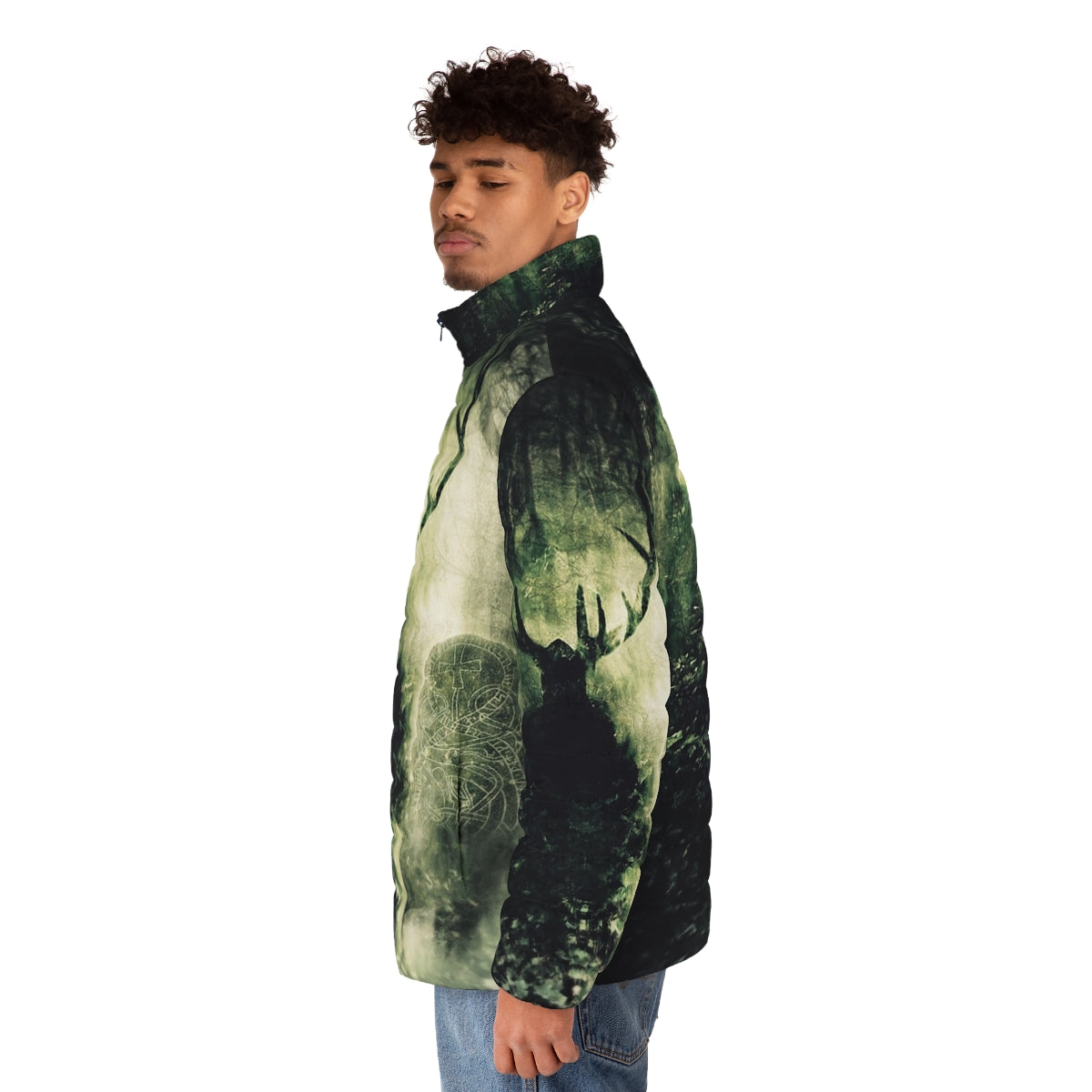 Puffer jacket with Celtic mythological design and nature-inspired elements - men side left