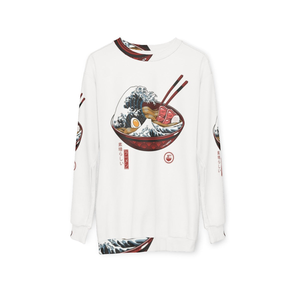 Japanese-inspired 'Great Ramen Wave' design on a white sweatshirt - hanging