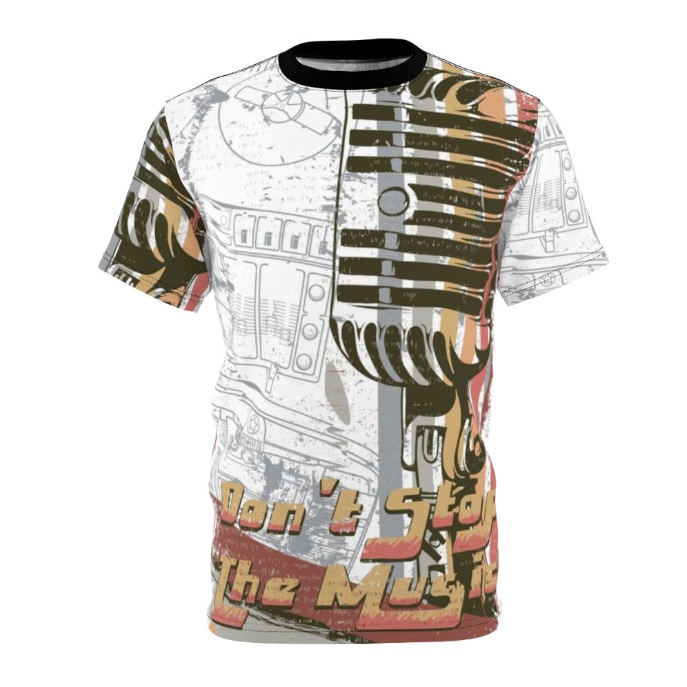 Vintage-style t-shirt with microphone and music-inspired graphics