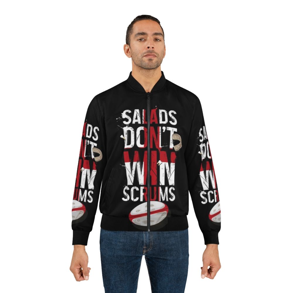 Patriotic England rugby bomber jacket with distressed vintage design and "Salads Don't Win Scrums" graphic - Lifestyle