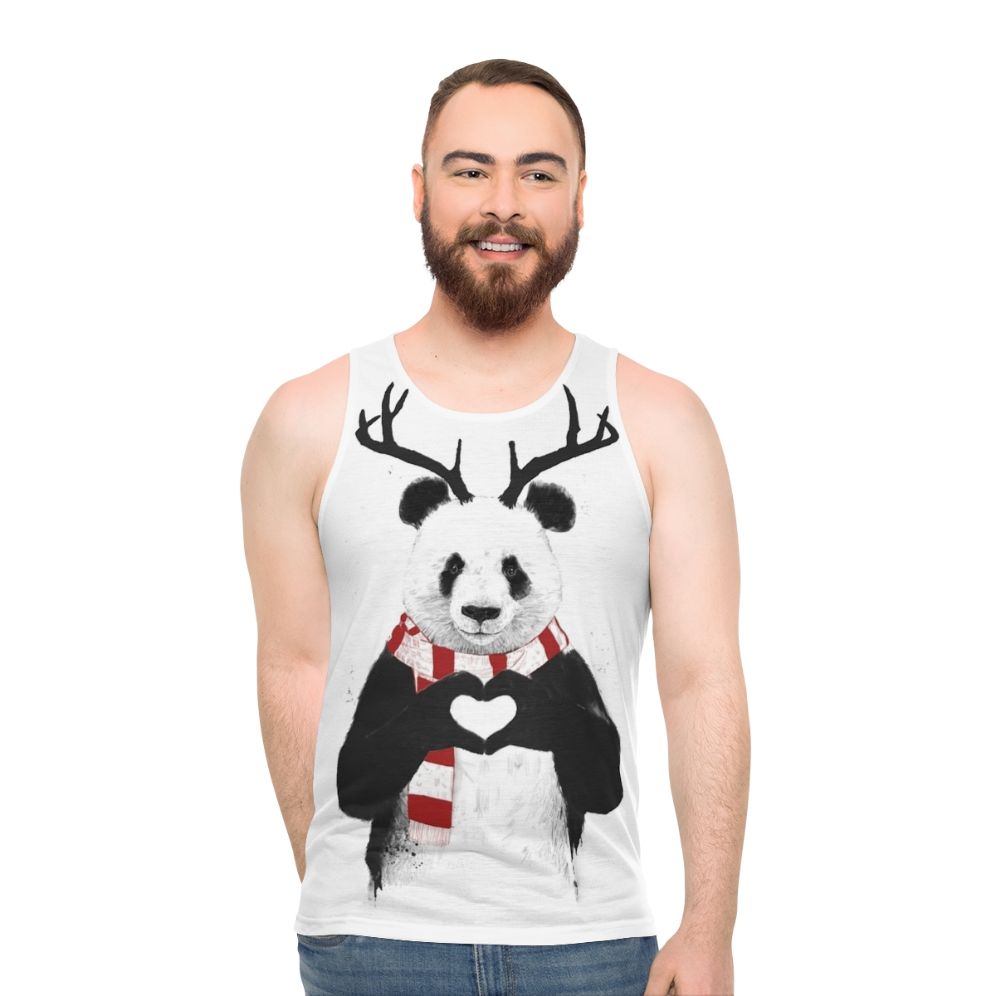 Panda wearing antlers on a Christmas-themed unisex tank top - men