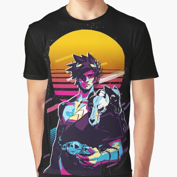 Zagreus - Hades (80s Retro) Graphic T-Shirt, featuring the character Zagreus from the game Hades in a retro, 80s-inspired style.