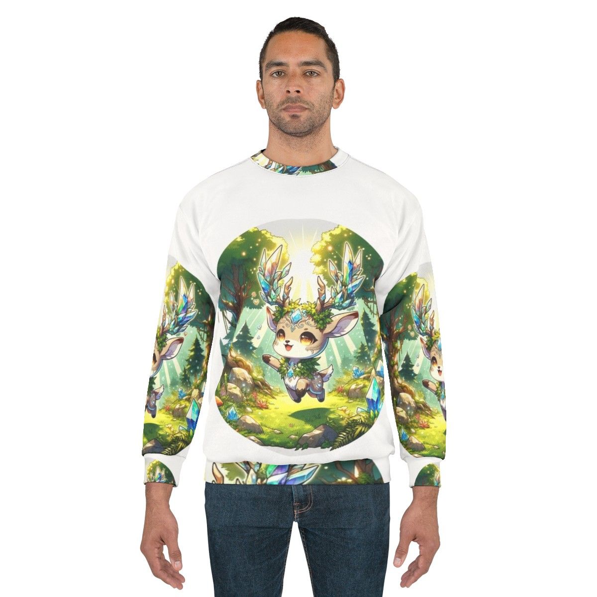 Deer sweatshirt with fantasy crystal forest design - men