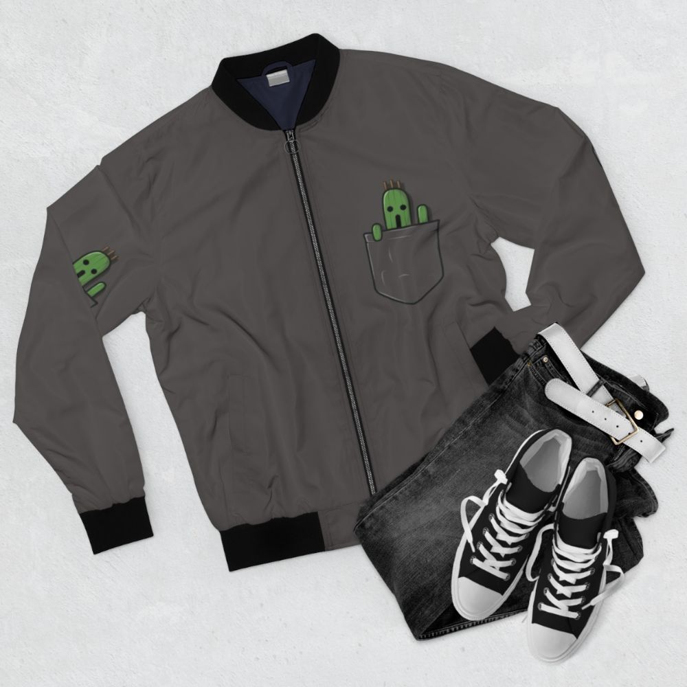 A bomber jacket featuring a cute cactuar design, inspired by the Final Fantasy video game series. - Flat lay