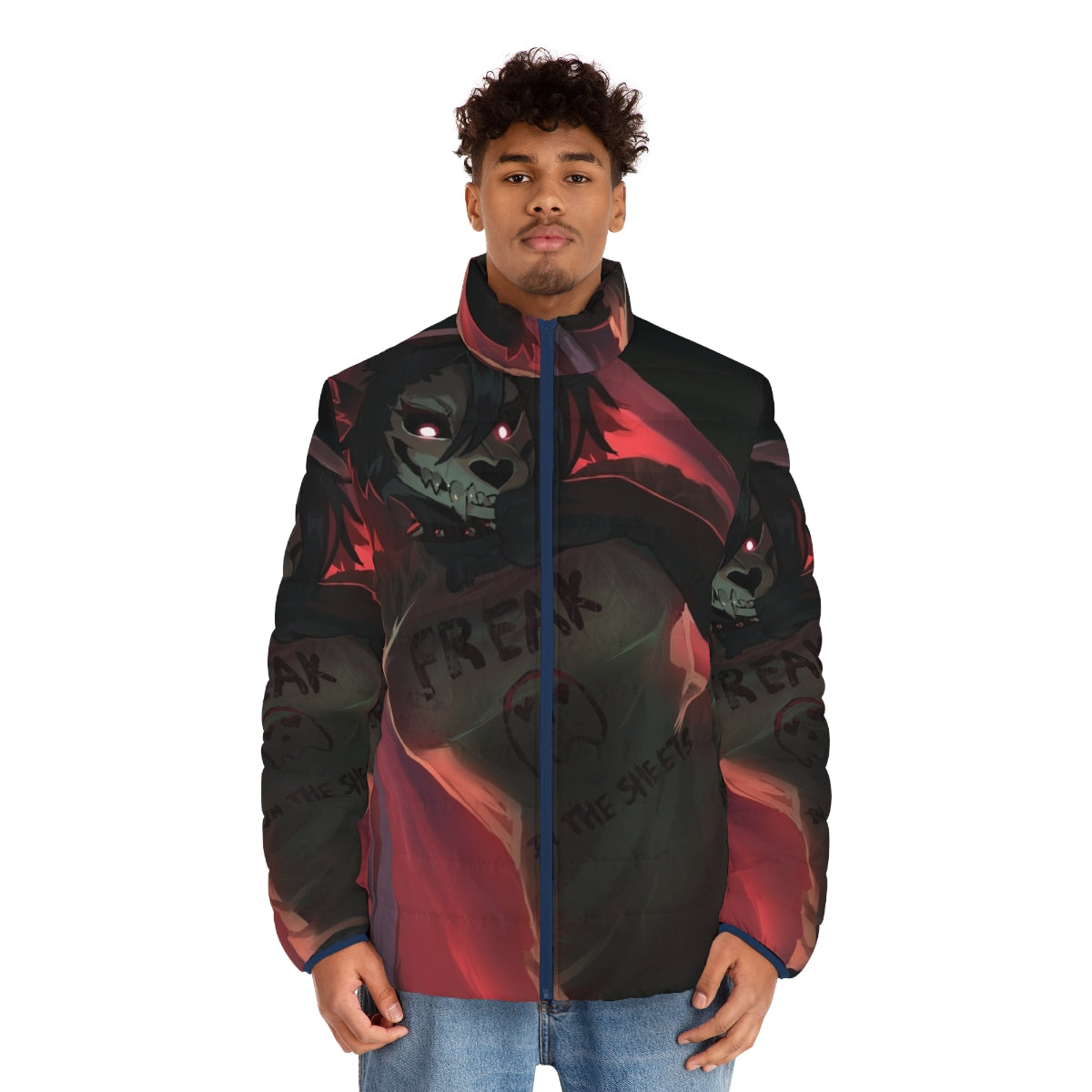 SCP-1471 puffer jacket with wolf, skull, and spooky design - men front