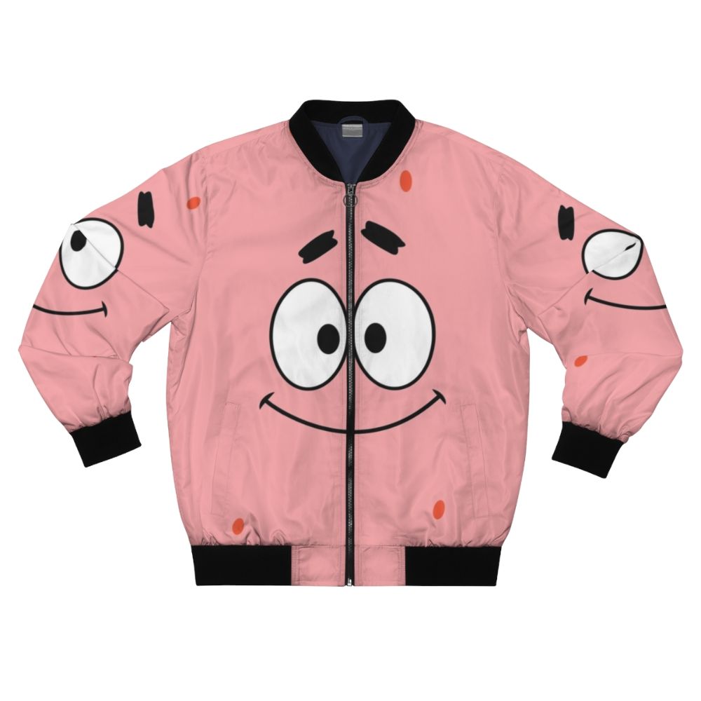 Patrick Star cartoon character printed on a navy blue bomber jacket