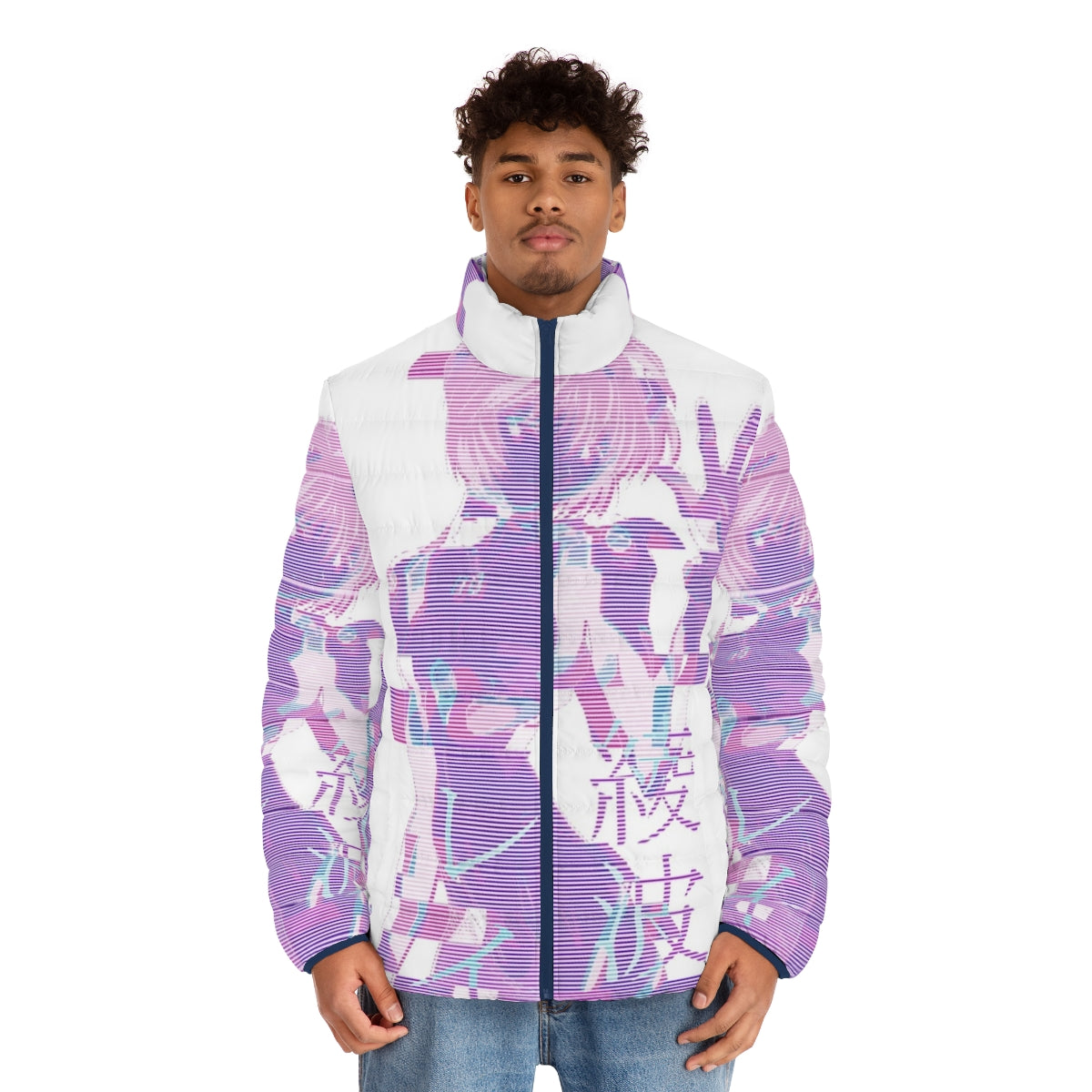 Rei Ayanami inspired EVA puffer jacket with vaporwave aesthetic design - men front