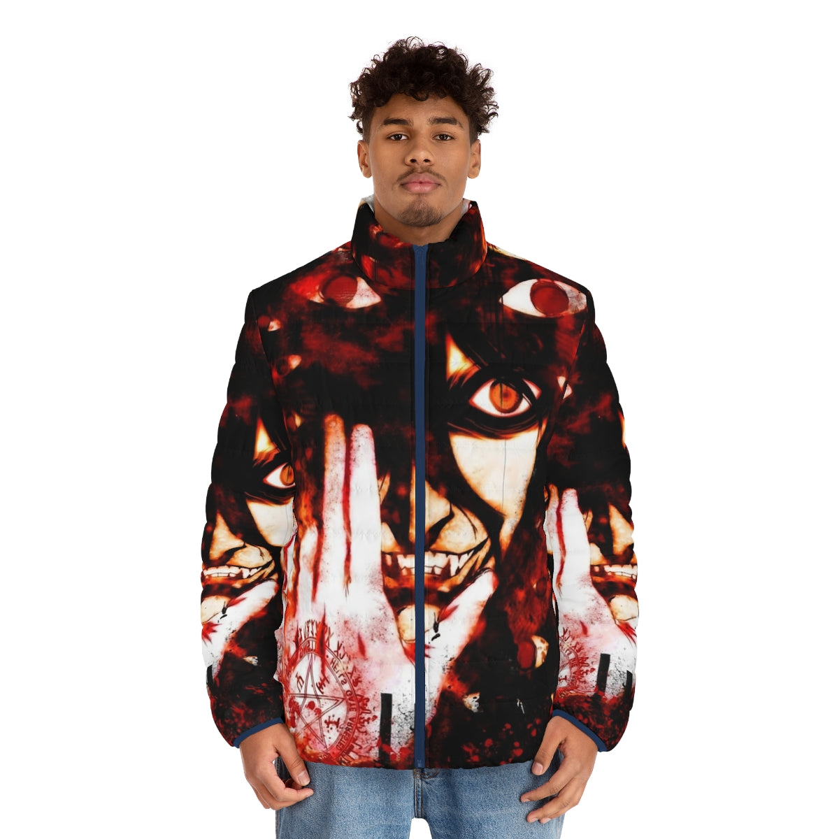 Hellsing Anime Puffer Jacket with Dark Gothic Design - men front