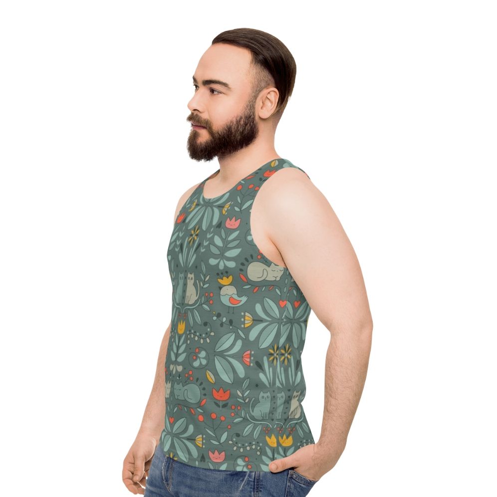 Unisex tank top with a whimsical Swedish folk cat graphic design - men side