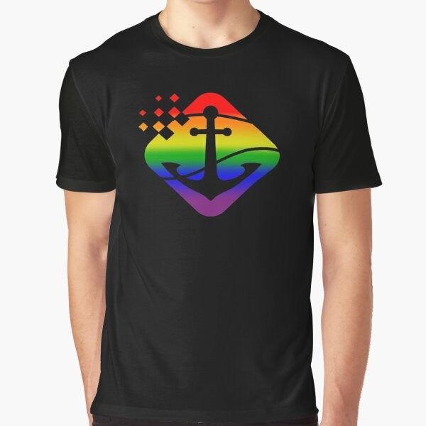 Graphic t-shirt design featuring a nautical anchor and pride flag colors, celebrating nautical, anchor, and boating pride.