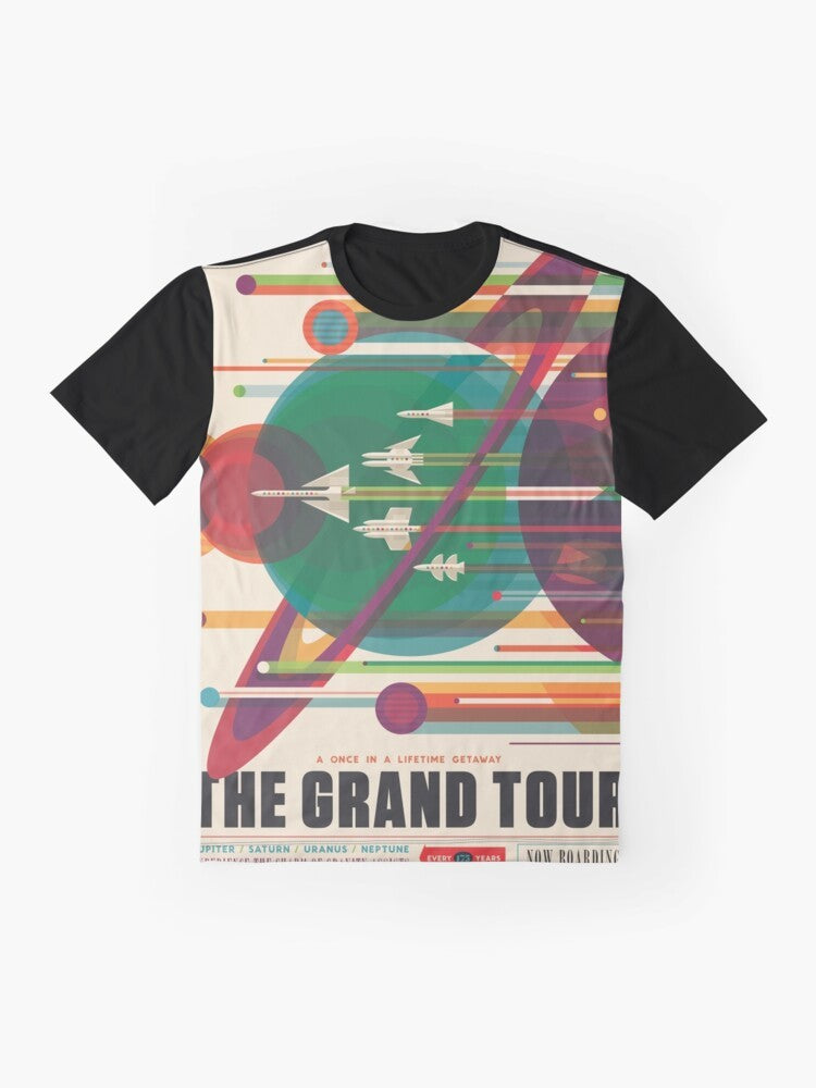 Retro Space Poster Graphic T-Shirt featuring a vintage space travel design - Flat lay