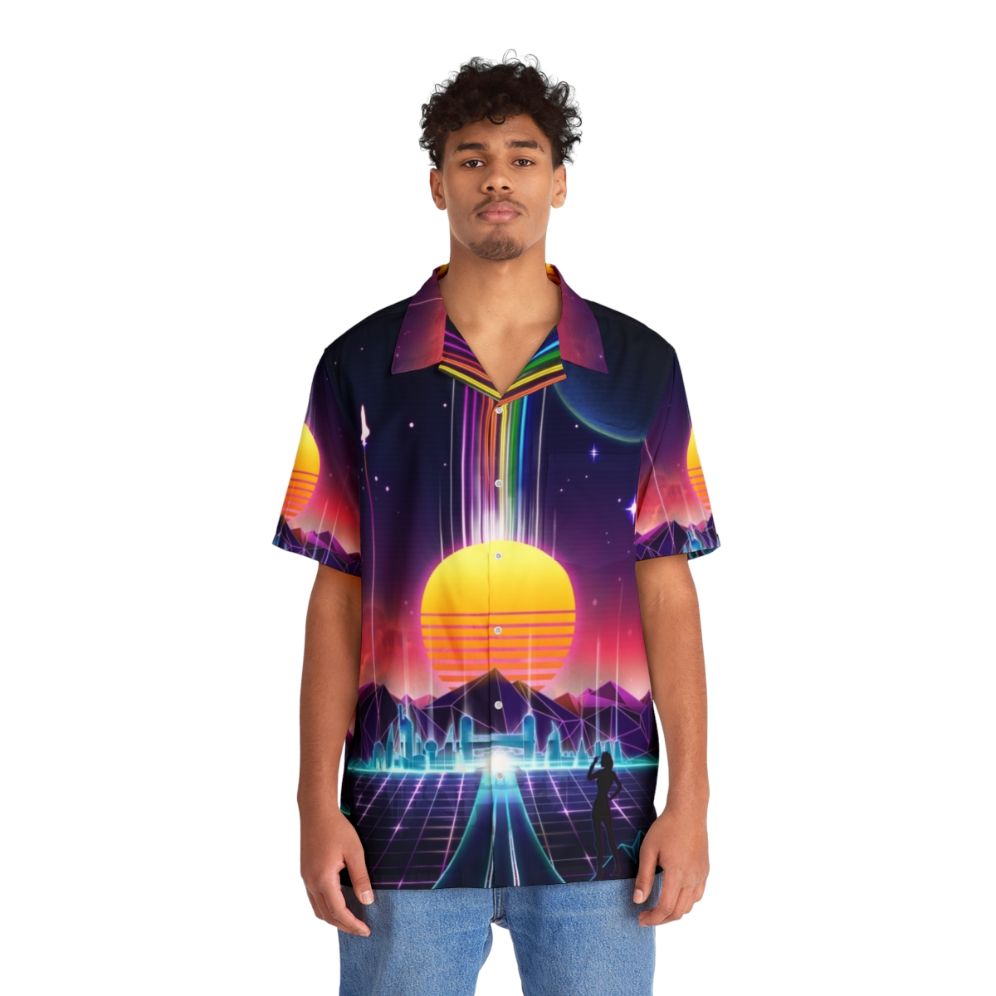 Neon Hawaiian Shirt with Retro Gaming, Space, and Cyberpunk Aesthetic - People Front