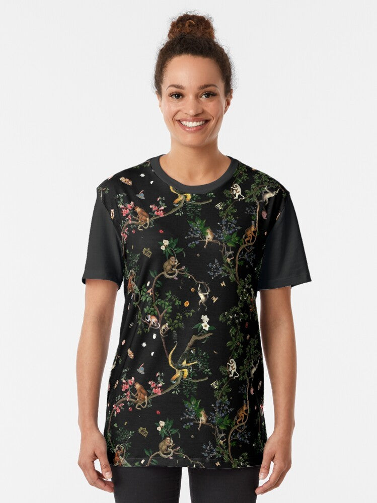 Vintage-style graphic t-shirt featuring a monkey in a botanical jungle scene - Women