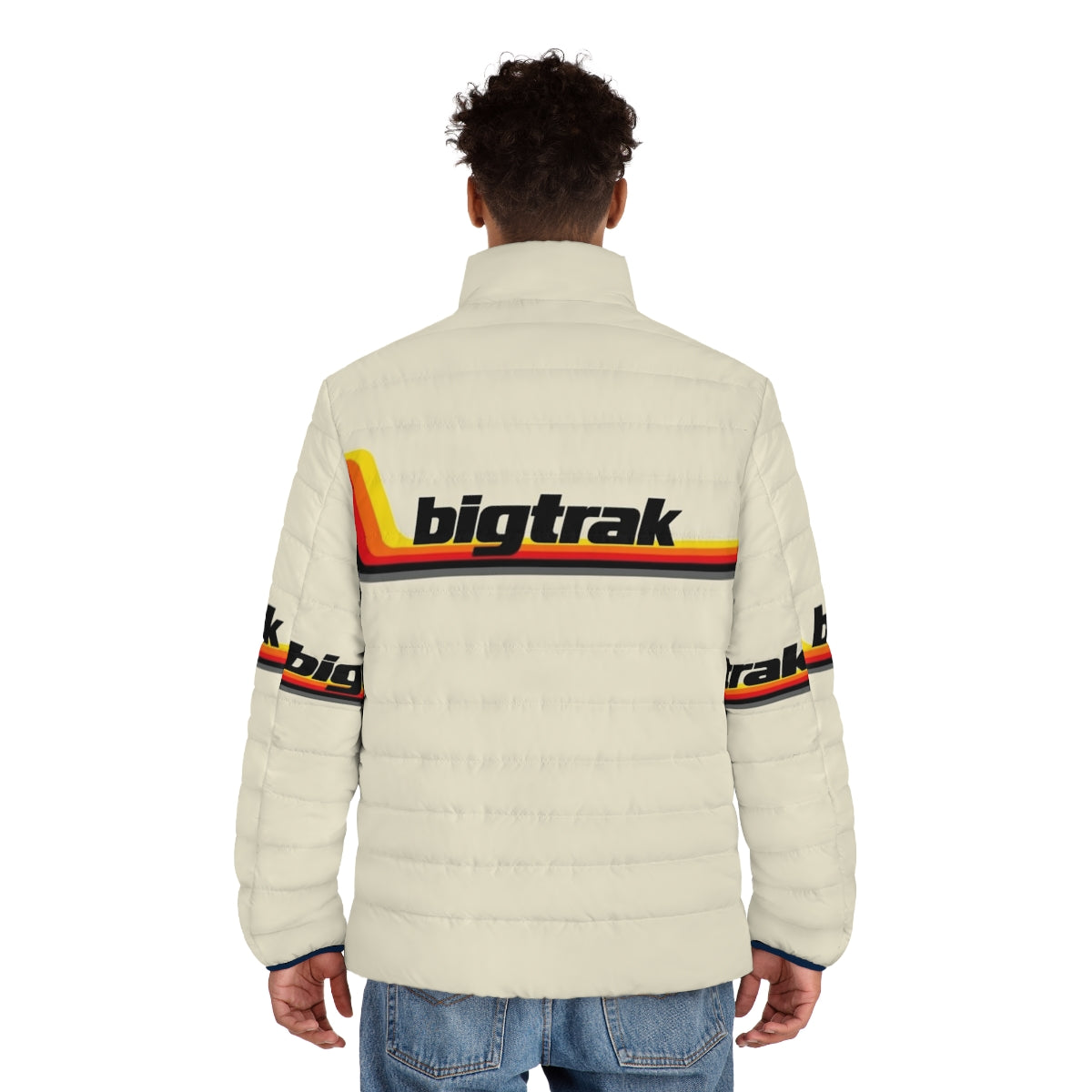 1980s Bigtrak Puffer Jacket featuring retro Milton Bradley robot tank toy design - men back