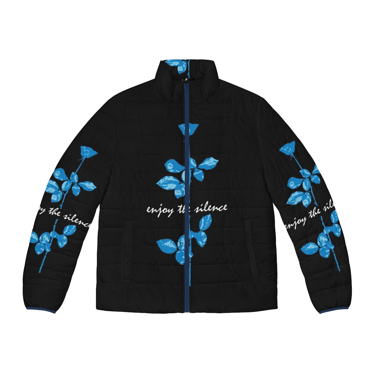 Blue puffer jacket with "Enjoy the Silence" Depeche Mode inspired design