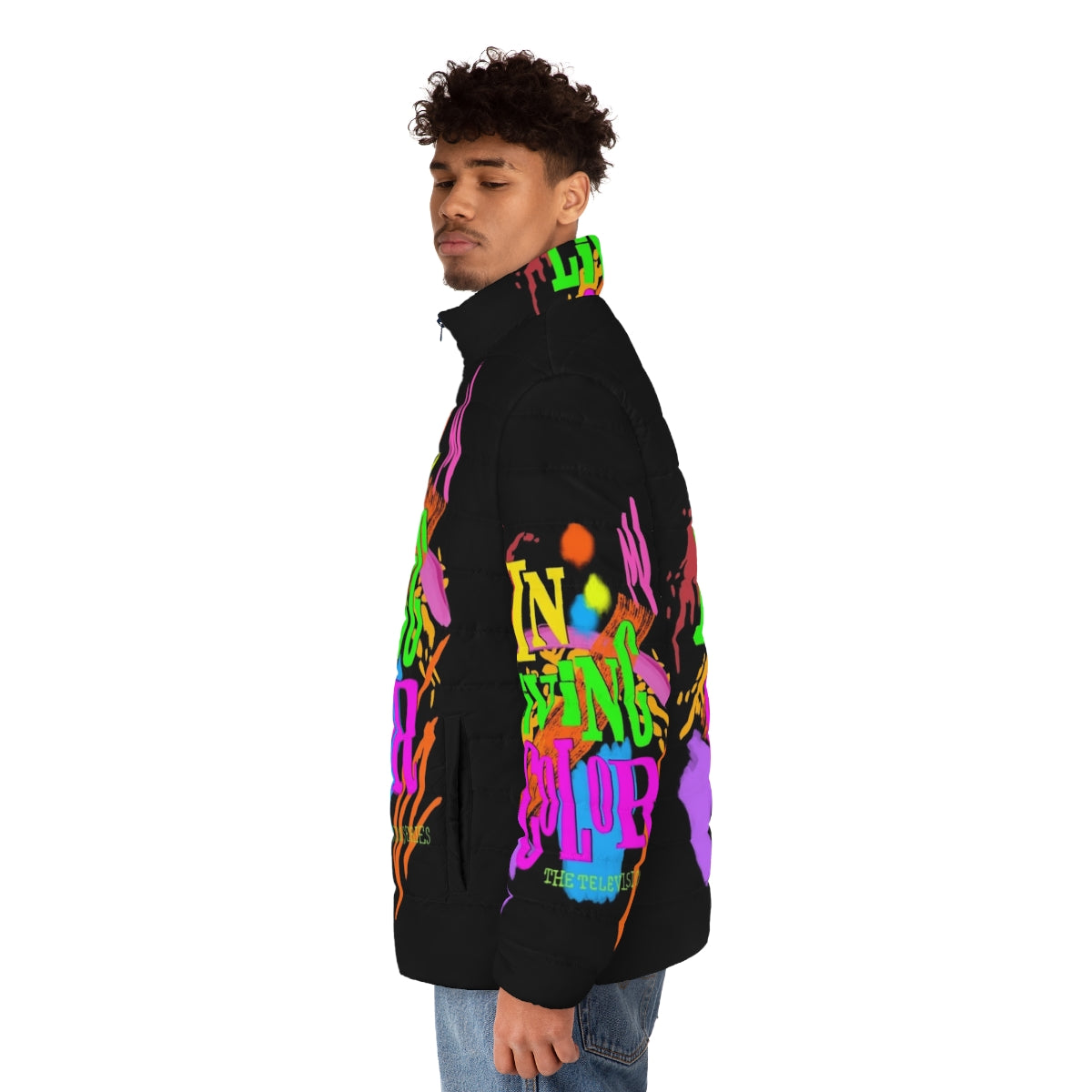 Vibrant 90's inspired puffer jacket featuring "In Living Color" branding - men side left