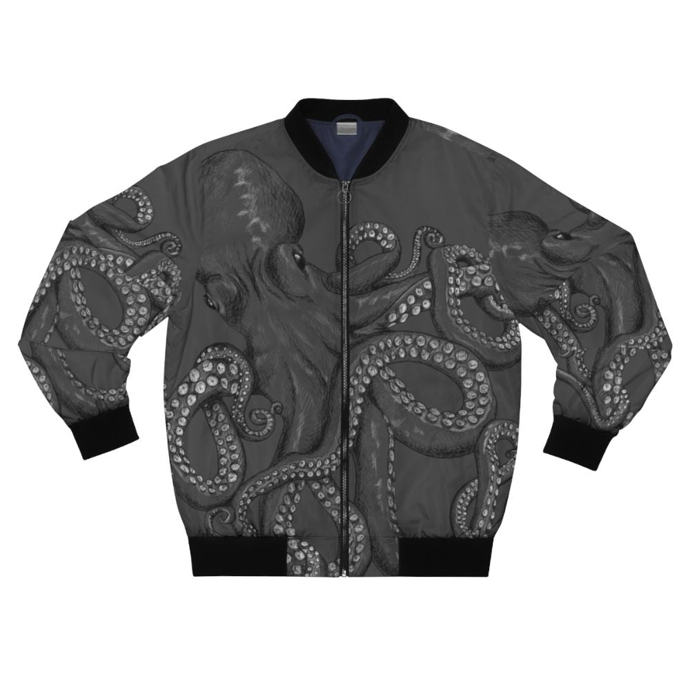 Realistic octopus design in black and white line art on a two-tone bomber jacket