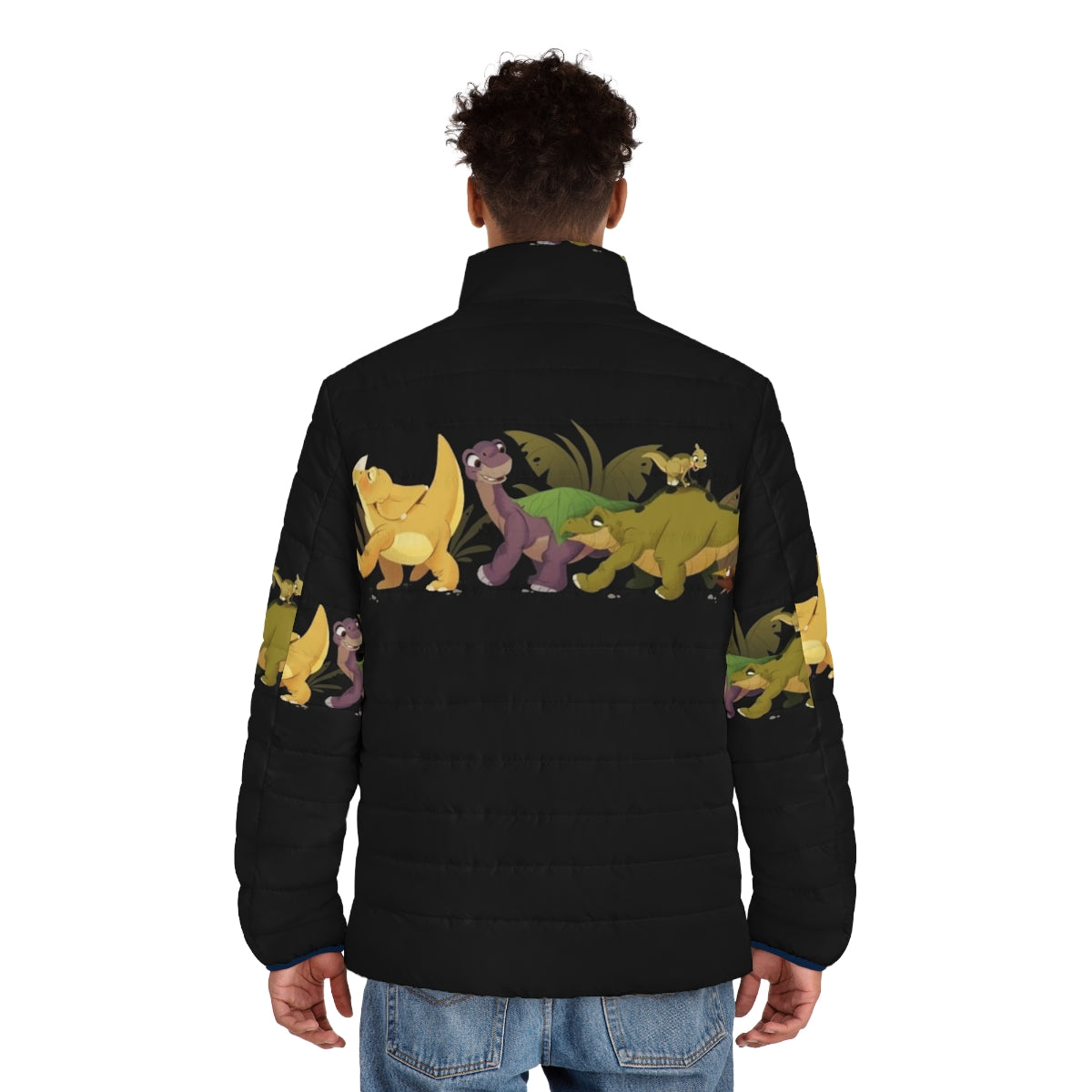 A cozy puffer jacket featuring the beloved characters from The Land Before Time - men back