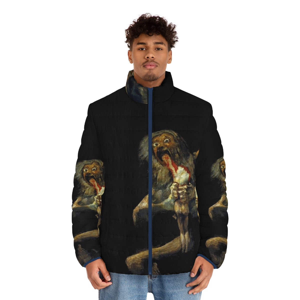 A puffer jacket featuring the chilling painting "Saturn Devouring His Son" by Spanish artist Francisco Goya. - men front