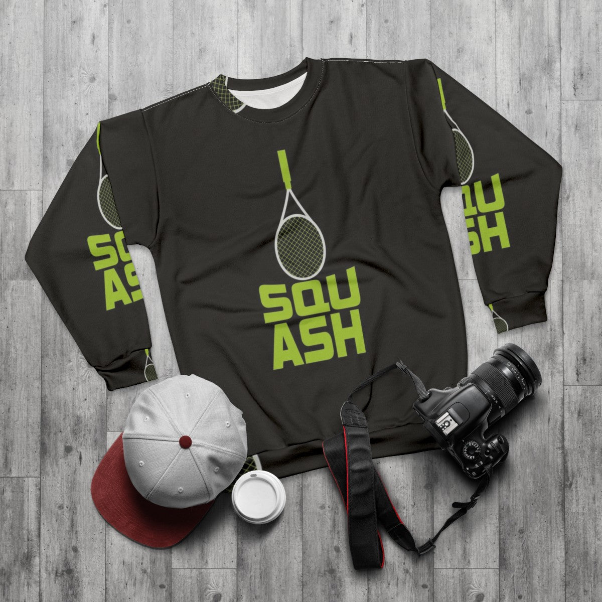 Squash racket and ball sports sweatshirt - flat lay