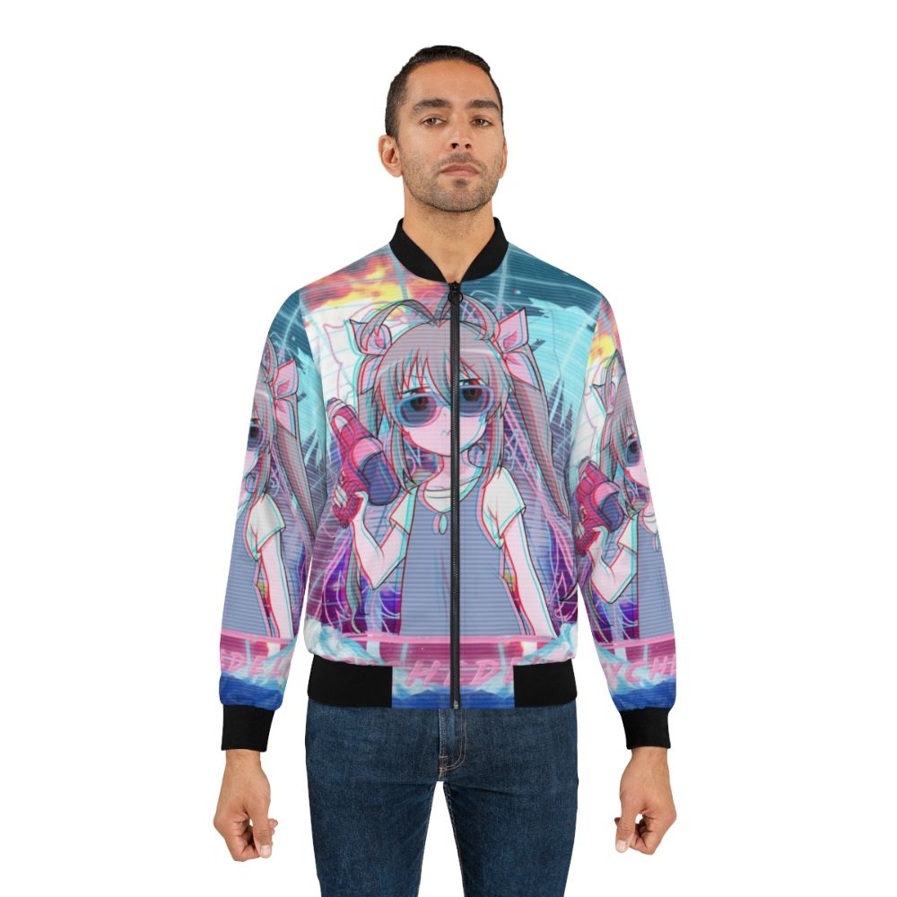 Psychedelic bomber jacket with anime-inspired design, featuring blue and pink colors, twin tails, and synthwave/vaporwave elements. - Lifestyle