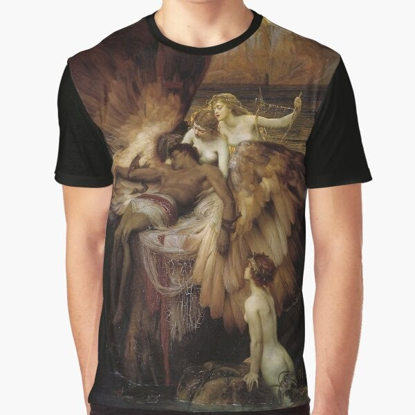 Graphic t-shirt featuring "The Lament for Icarus" painting by Herbert James Draper, depicting the tragic story of Icarus from Greek mythology.