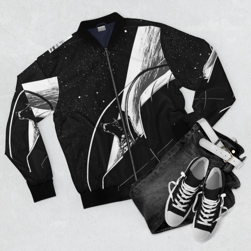 Laika Space Dog Bomber Jacket in retro Soviet-inspired design - Flat lay