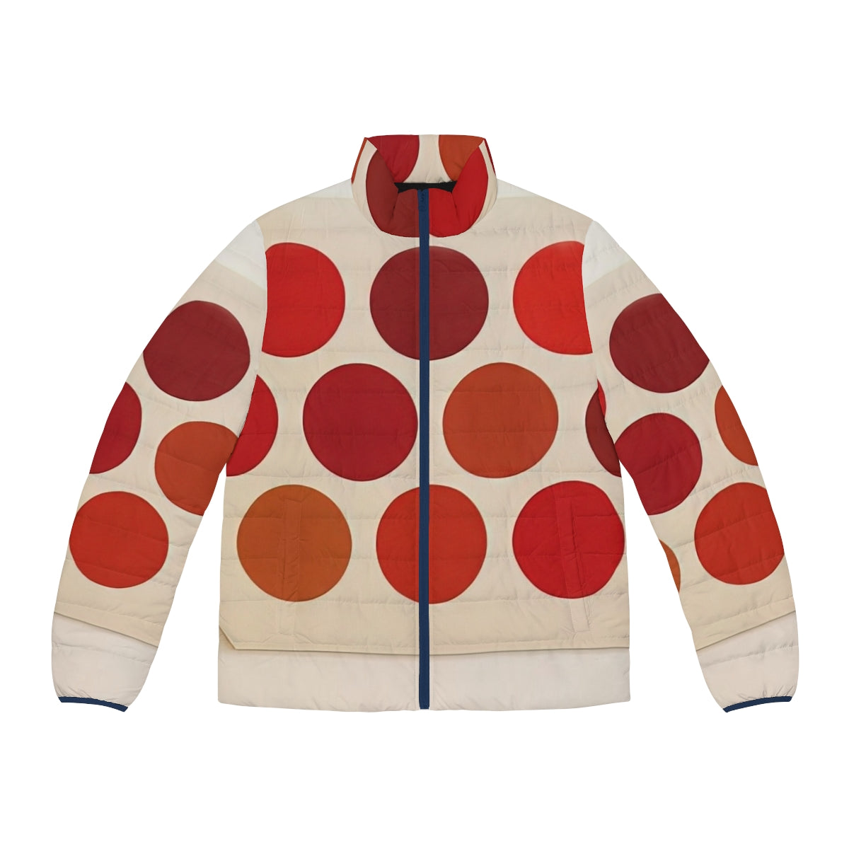 Red puffer jacket with vibrant dot patterns, designed by American artist Thomas Downing