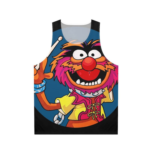 Electric Mayhem drummer playing drums on a unisex tank top