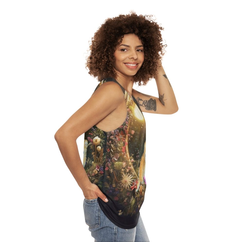 Dreamy Tater Tot Unisex Tank Top with Kitty Print - women side