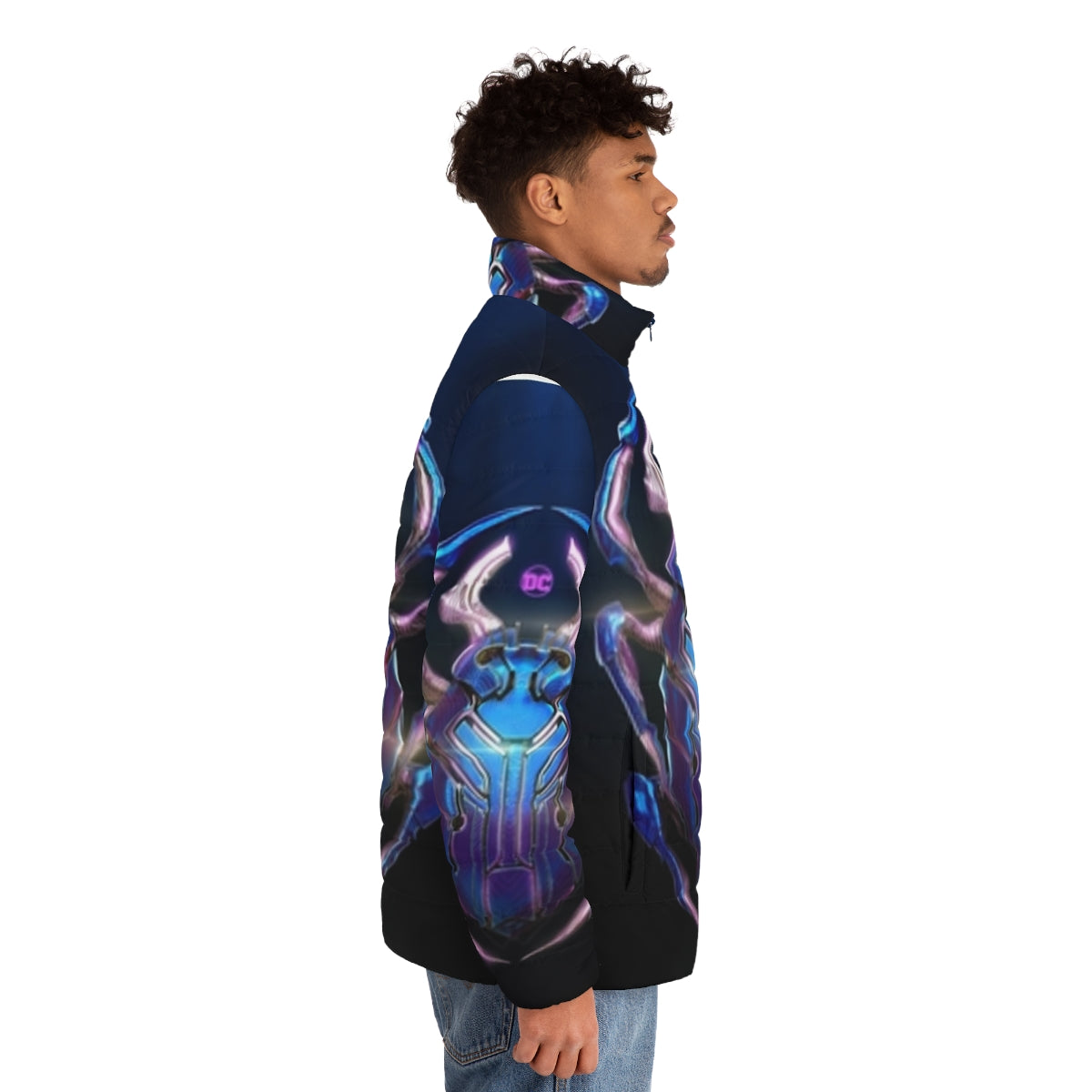 Blue and green puffer jacket featuring the Blue Beetle superhero design - men side right