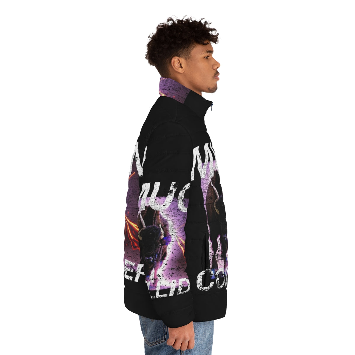 Muon Collider inspired retro puffer jacket with vintage physics t-shirt design - men side right