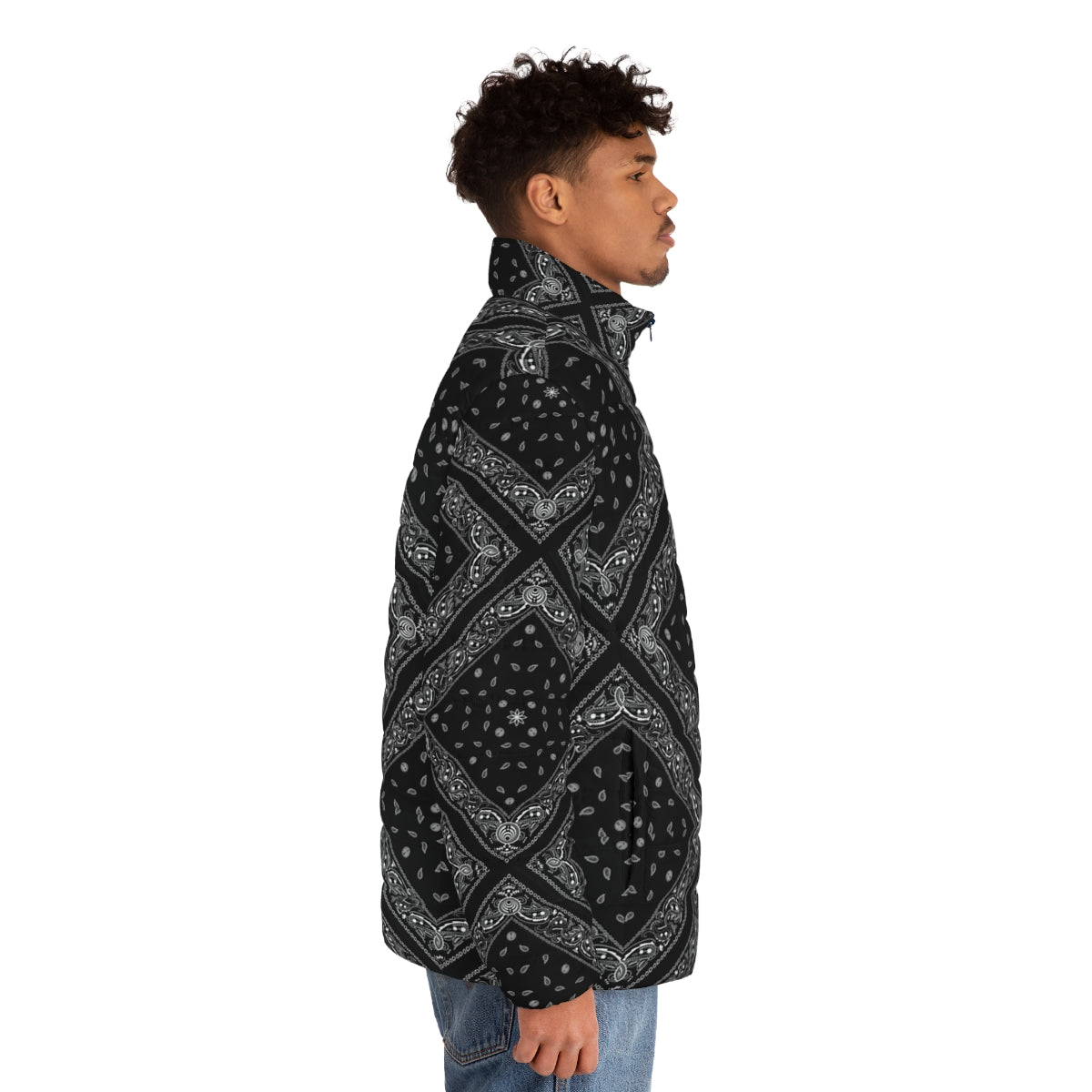 A stylish black puffer jacket with a repeating bandana pattern - men side right