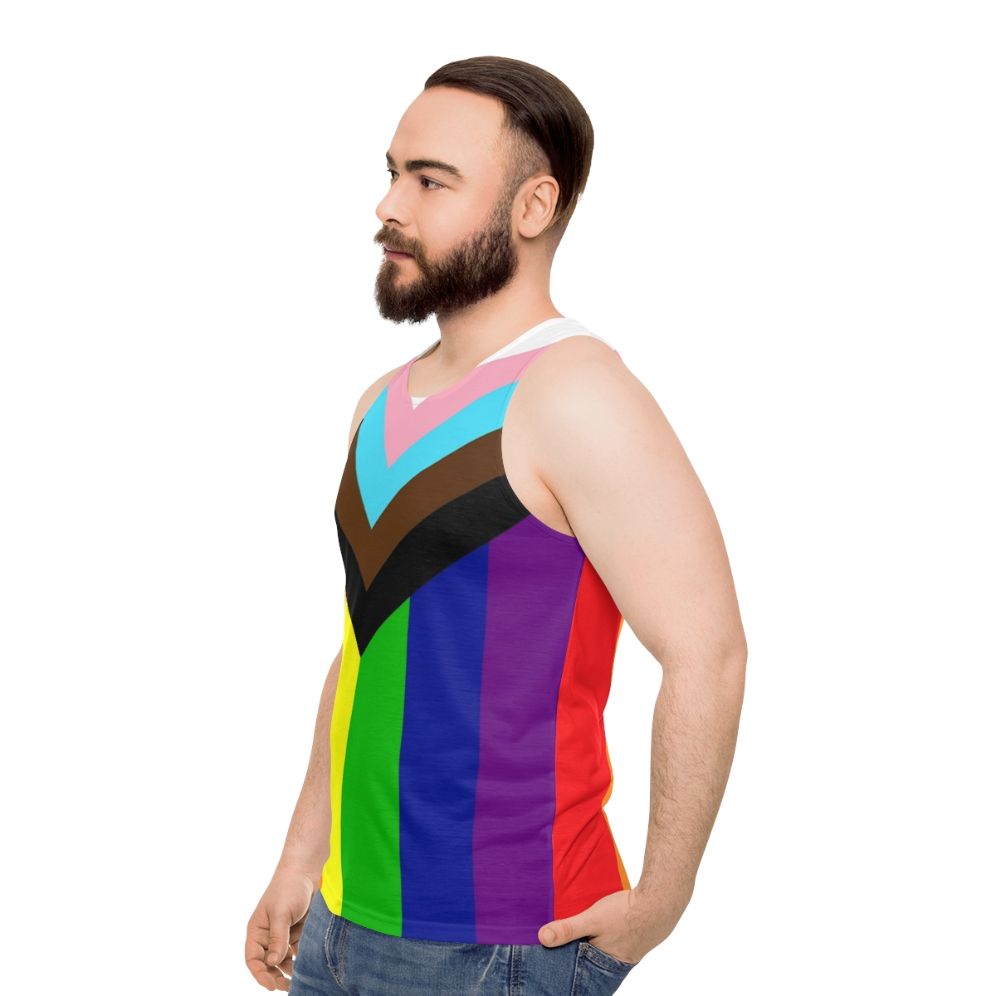 Unisex tank top with progressive rainbow pride flag - men side