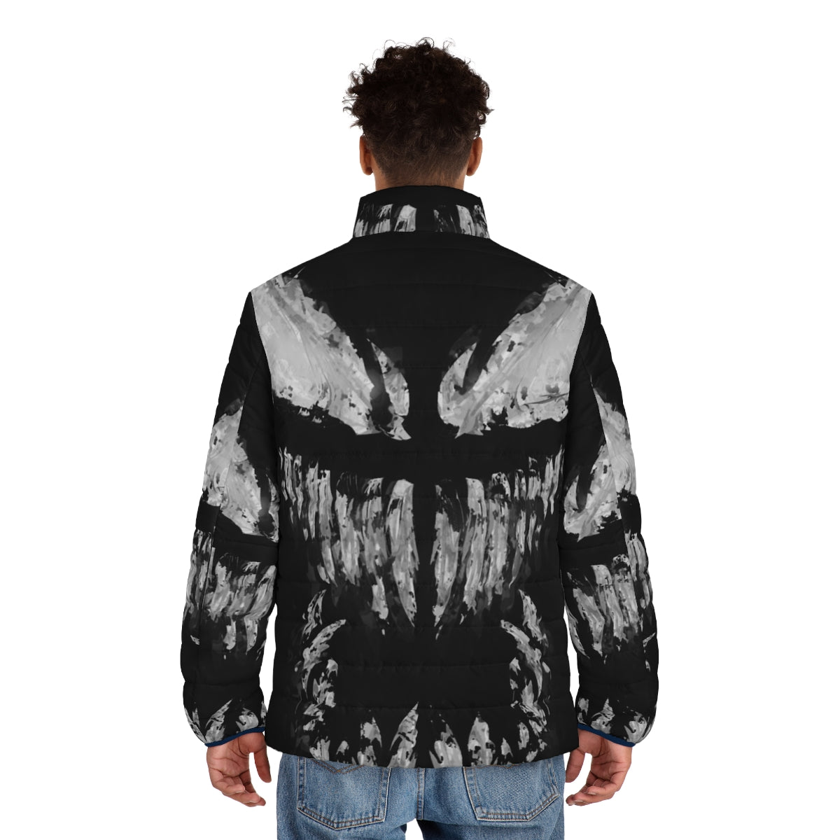 Puffer jacket featuring a poisonous symbiote and snake design - men back