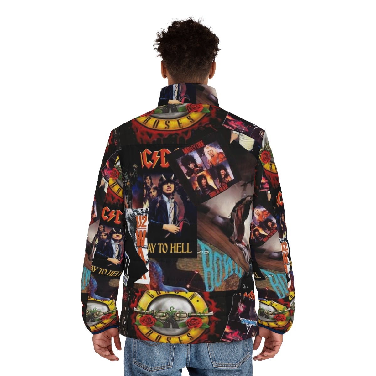 Colorful collage puffer jacket featuring 1980s rock band logos and album covers - men back