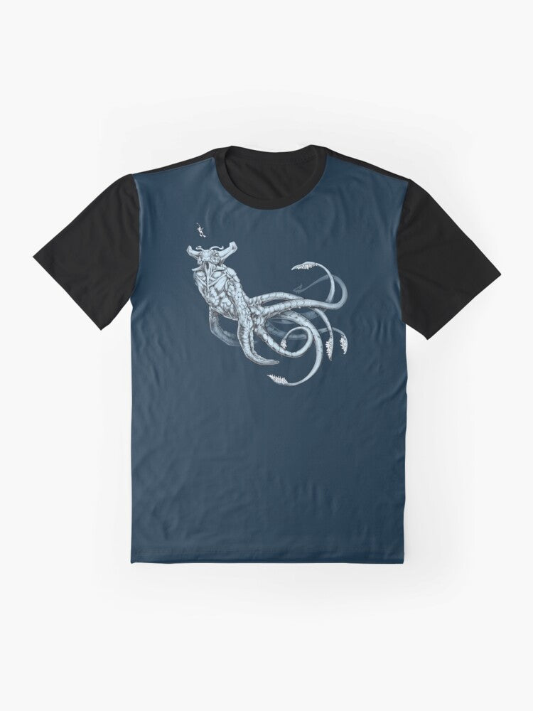 A graphic t-shirt featuring the mysterious Sea Emperor, a leviathan creature from the game Subnautica. - Flat lay