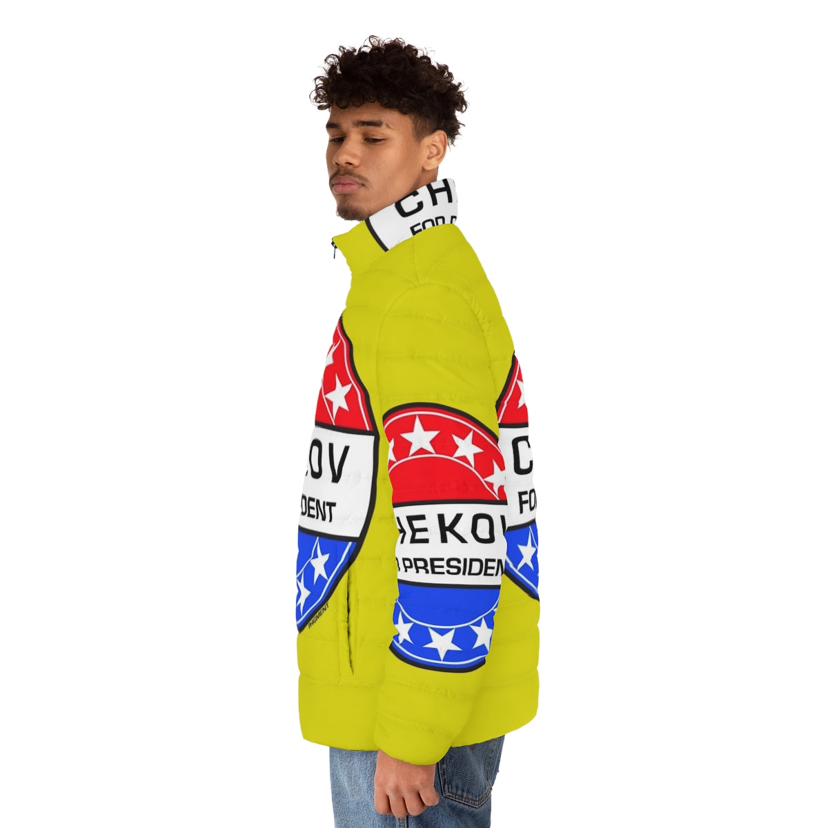 Chekov for President Sci-Fi Puffer Jacket with Star Trek and Pop Art Design - men side left