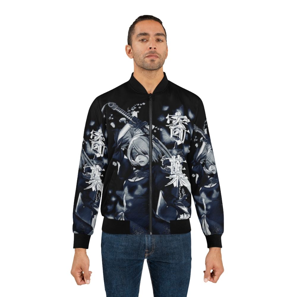 A blue bomber jacket with a floral and anime-inspired design, featuring flowers, butterflies, and Nier Automata characters. - Lifestyle