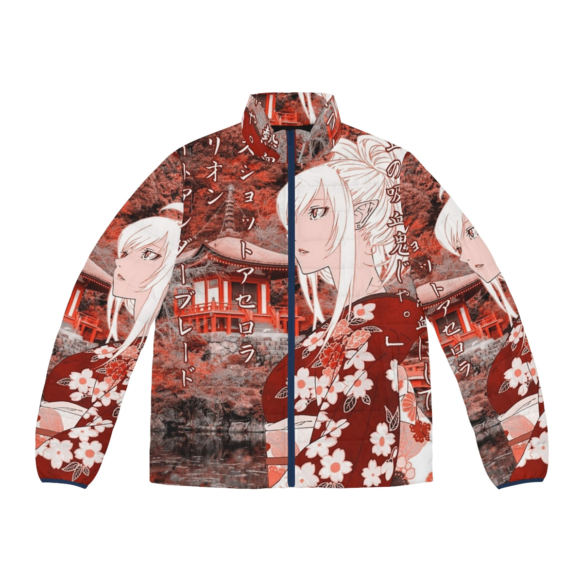 Anime-inspired Kiss Shot Yukata puffer jacket with beautiful scenery and quote