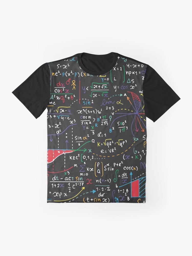 A graphic t-shirt featuring various mathematical shapes, symbols, and formulas. - Flat lay