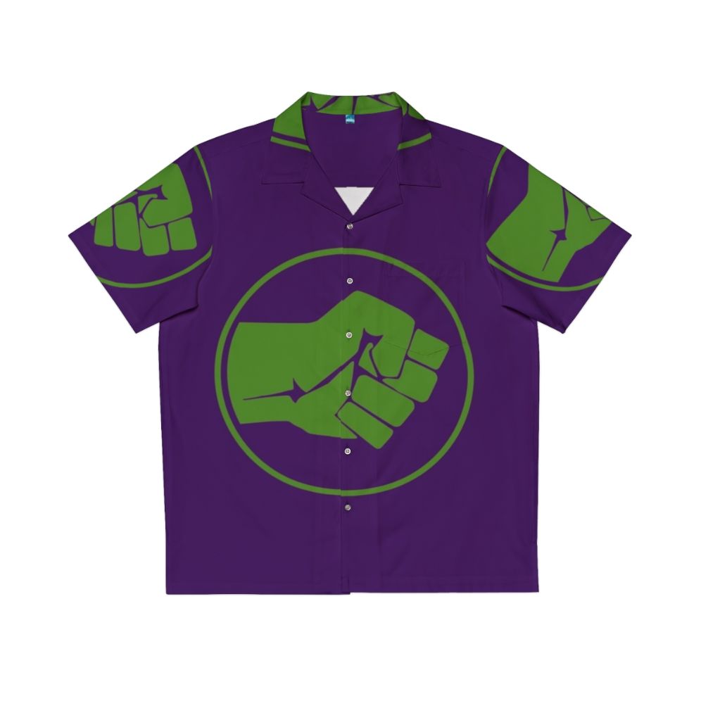 Green Hawaiian shirt with Hulk smash fist logo