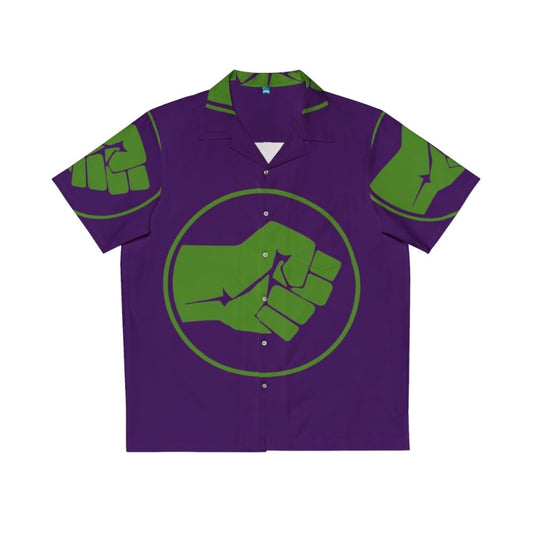 Green Hawaiian shirt with Hulk smash fist logo