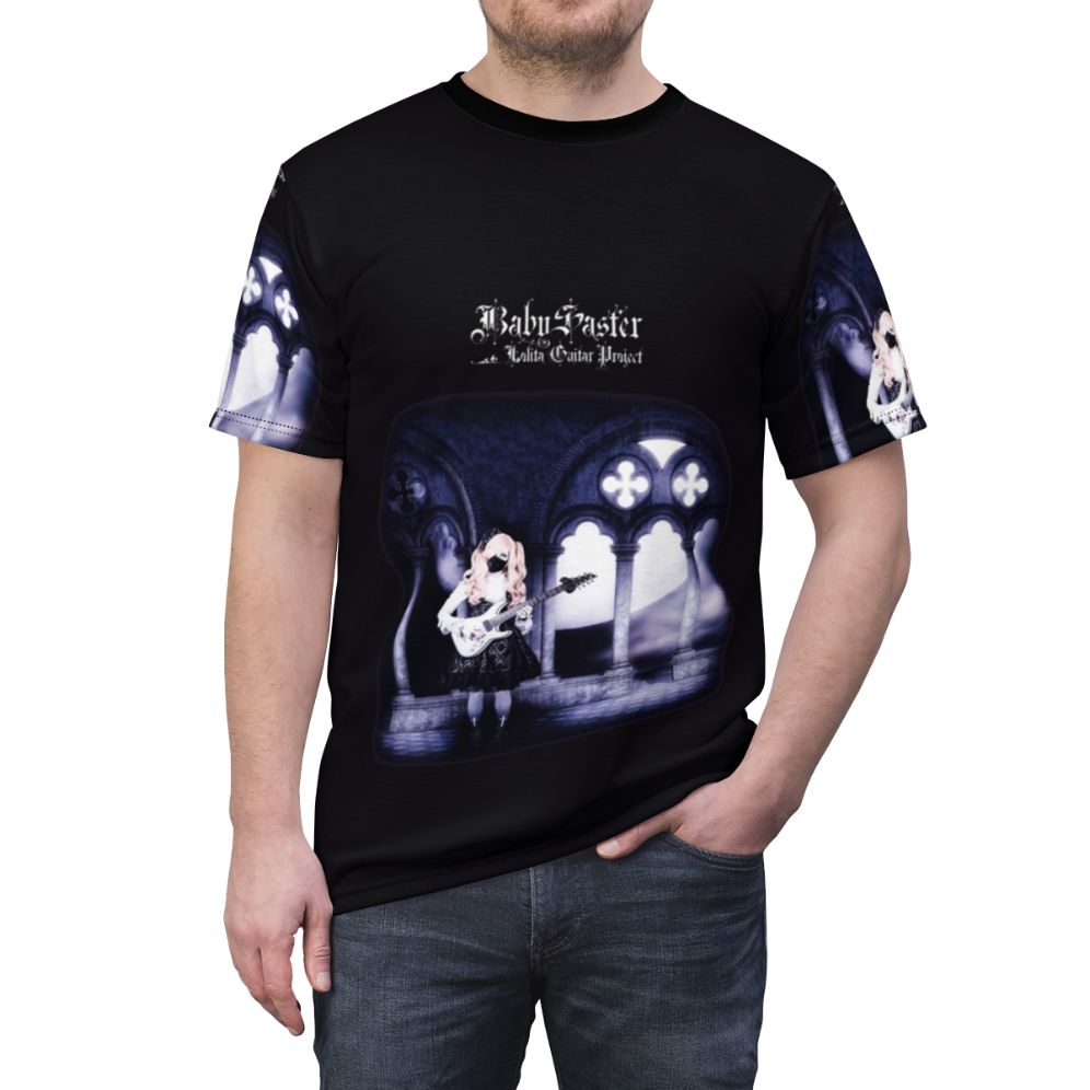 Stylish and eye-catching gothic lolita inspired t-shirt design featuring a guitar player - men front