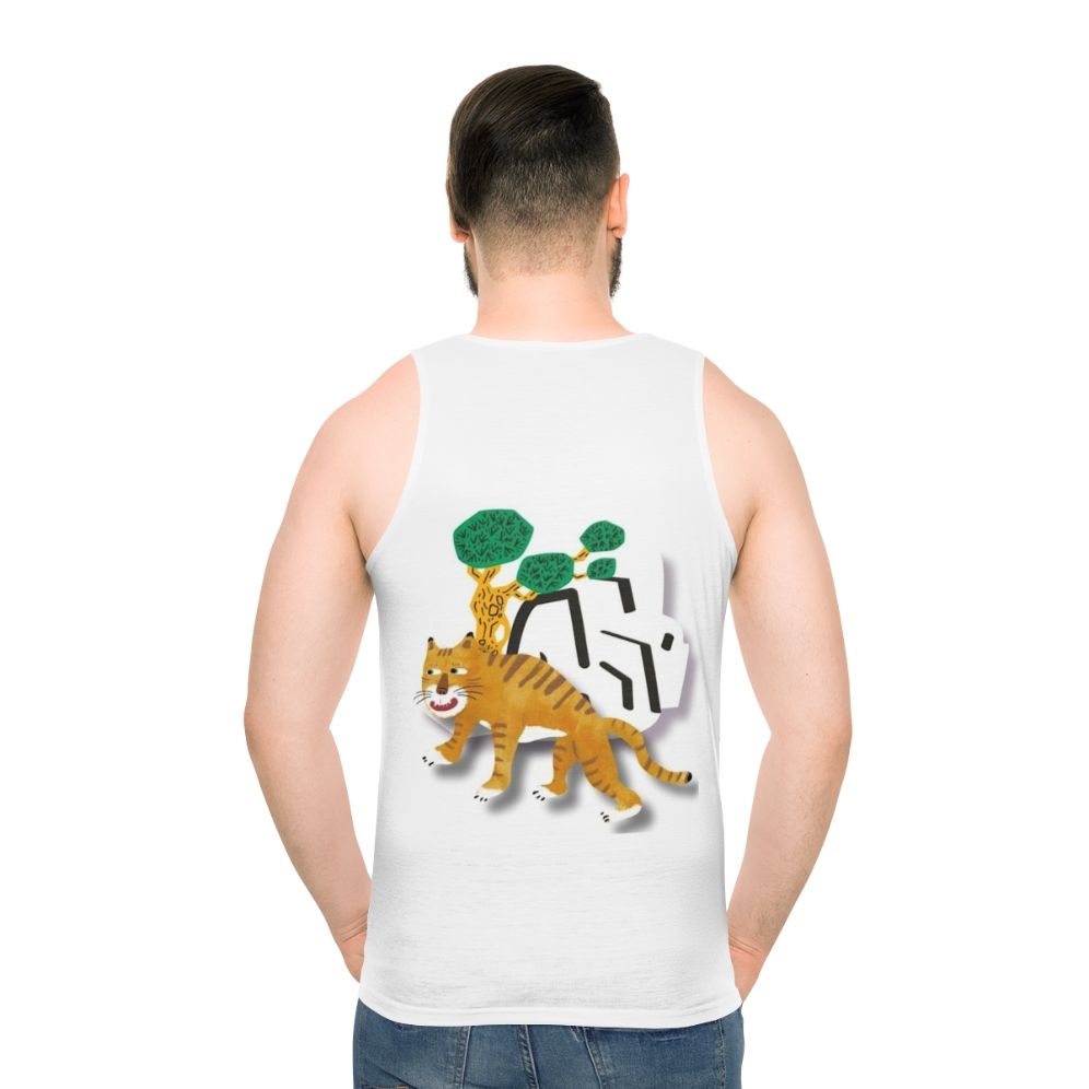 Retro tiger with comedic expression on unisex tank top - men back