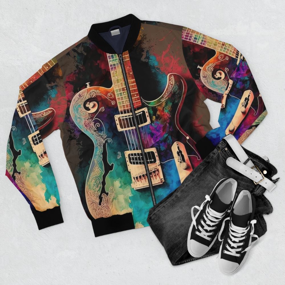 Telecaster thinline electric guitar printed on a bomber jacket - Flat lay