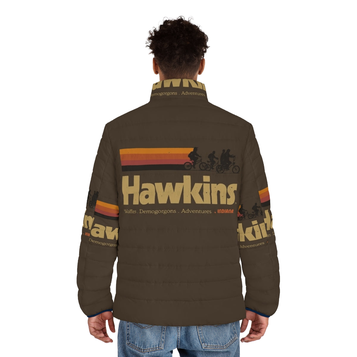 Stranger Things 80s Puffer Jacket with Hawkins, Indiana logo - men back