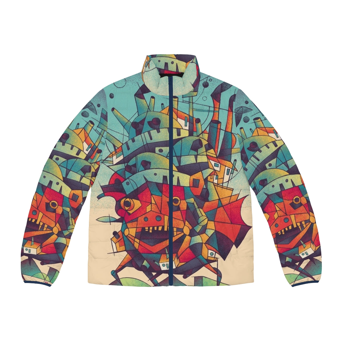 Moving Castle Anime Puffer Jacket featuring cubist and fantasy design